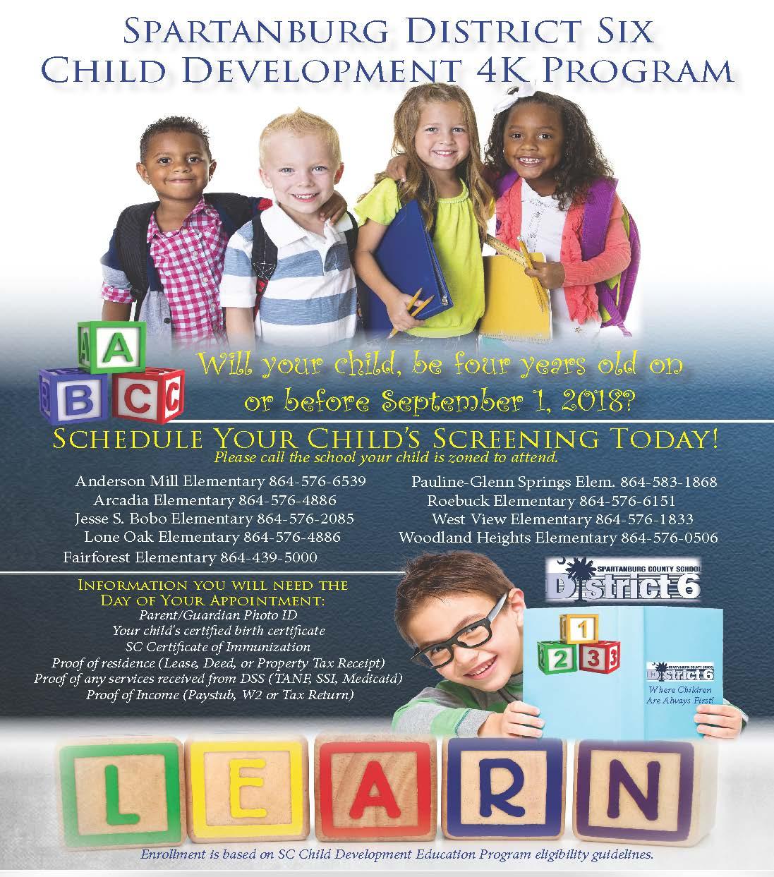 Flyer with pictures of kids. Flyer states will your child be four years old before September 1, 2018. If so then call the school the child is zoned for and schedule a 4k screening. 